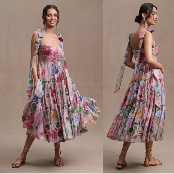 Anthropologie Dresses & Skirts - NEW Anthropologie BHLDN Isabella Floral Tiered Square Neck Midi Dress Pink